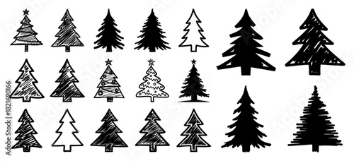Hand drawn christmas tree collection with doodle sketch and silhouette styles for holiday design