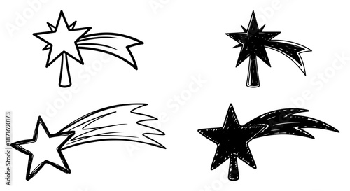 Set of four shooting stars of bethlehem and christmas tree toppers vector black and white sketch illustration