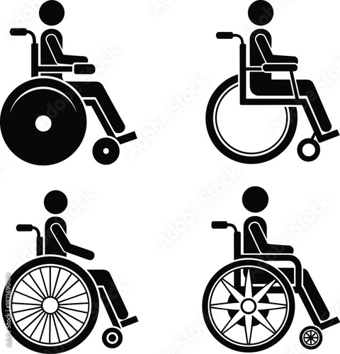 Black silhouette vector set of four disabled person icons sitting in different types of wheelchairs, representing accessibility, disability, and medical assistance signage designs.