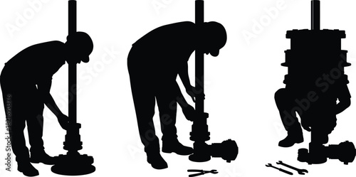 Silhouette illustration of industrial workers operating pipeline valve equipment with tools, depicting maintenance, engineering, safety procedures and heavy industry operations.