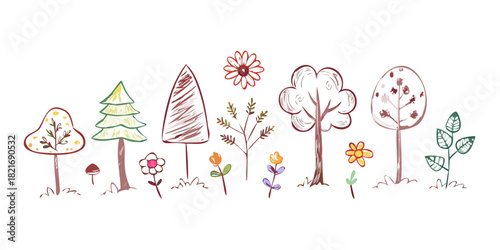 Cute doodle style trees flowers leaves and mushrooms 1