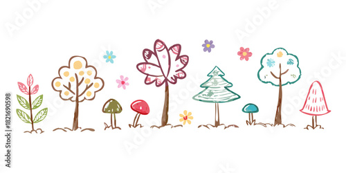 Cute doodle style trees flowers leaves and mushrooms