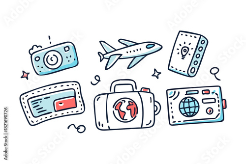 Cute doodle travel icons with airplane passport and camera