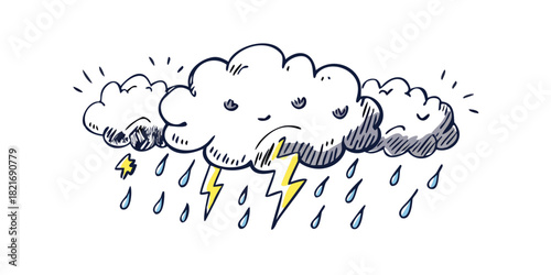 Cute hand drawn storm clouds with rain and lightning