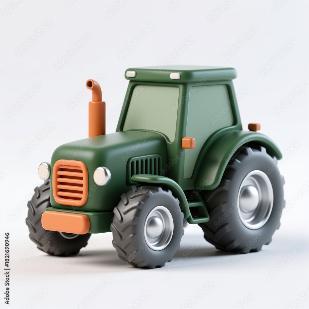 Obraz premium A digitally illustrated green tractor with orange accents and large tires, symbolizing agriculture and farming, on a plain white background.