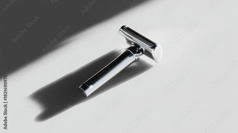 Fototapeta premium Close-up of a safety razor on a white background. the razor is made of stainless steel and has a sleek, modern design. it has a handle with a curved shape and a sharp blade.