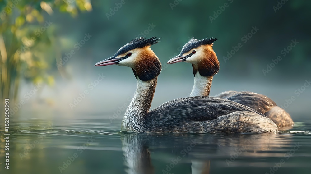 Fototapeta premium Pair of great crested grebes swimming together on misty lake water at dawn, showcasing elegant breeding plumage and synchronized movement.