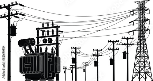 Silhouette illustration of large electrical transformer, utility poles, and high-voltage transmission tower with interconnected power lines for industrial energy distribution design