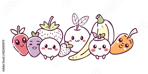 Cute Kawaii Fruits Characters with Smiling Faces cartoon