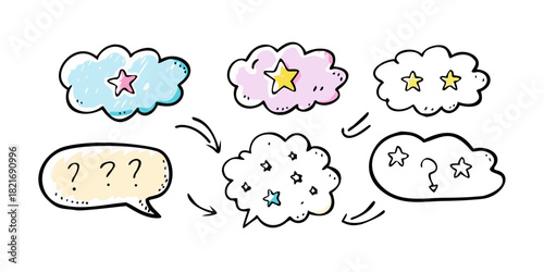 Cute pastel clouds with stars and question marks yellow