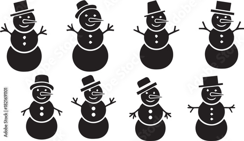 simple winter icon, black vector silhouette, black color and white background, minimal snowman vector silhouette design, eight snowman vector design for merry christmas event, round body layers, 