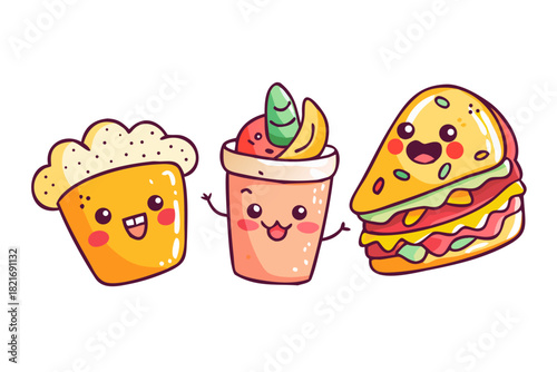 Cute smiling fast food characters on white background 1