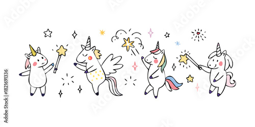 Cute unicorn and stars doodle with transparent background