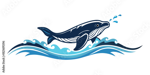 Dark blue whale breaching in stylized blue waves ocean