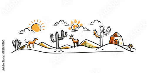 Desert landscape with camels and sun on white background