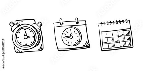 Doodle alarm clock calendar and watch icons time schedule