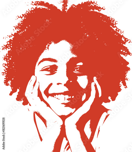 Joyful High Contrast Vector Portrait of a Smiling Young Girl with Voluminous Curly Afro Hair Resting Her Face in Her Hands Isolated on a White Background Pop Art Style Illustration
