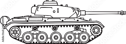 Detailed Line Art Vector Illustration of a Powerful Military Combat Tank Featuring a Long Cannon and Detailed Tracked Wheels Side View Outline Drawing Perfect for War History Graphics