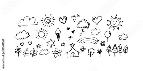 Doodle Cloud and Rain Drops on White Background weather