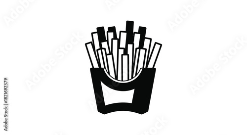 A black and white graphic of french fries in a container silhouette