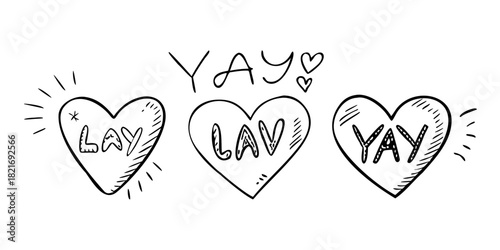 Doodle Style Heart Icons with Handwritten Words love