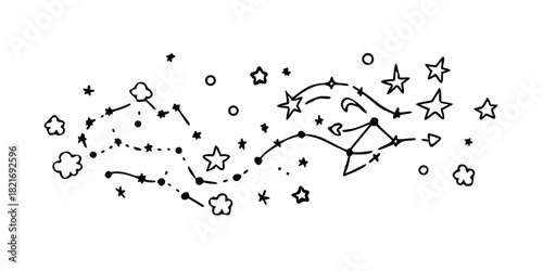 Doodle Style Night Sky with Constellations and Clouds