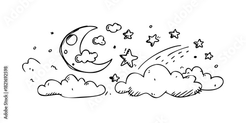 Doodle Style Moon and Stars on White Background celestial