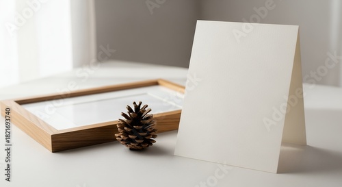 Blank white card mockup on a bright desk with a pine cone and a wooden frame. Concept for Christmas greeting card, winter stationery and event invitation