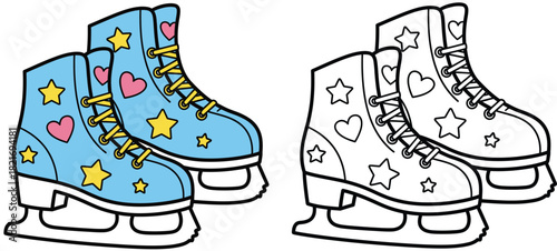 Cute ice skates coloring book page. Vector illustration of blue figure skates with stars and hearts, colored and black and white outline for kids activity.