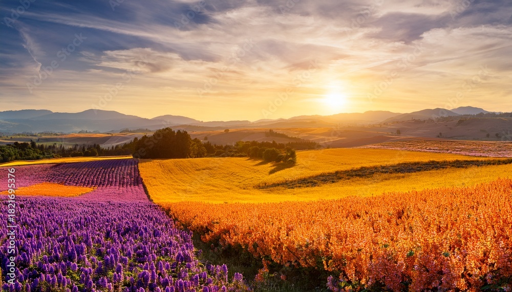 Obraz premium vibrant patchwork fields of gold and purple bloom under soft golden light a stunning agricultural landscape