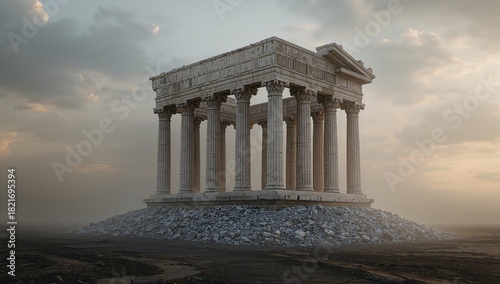 Standing temple ruin showing fluted columns, entablature and pediment on cracked plain