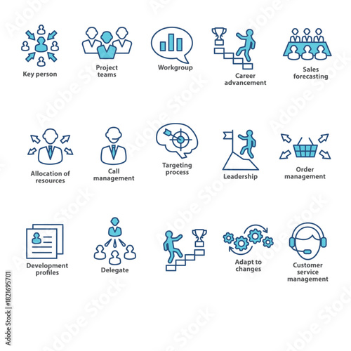 Visual representations of essential business team structures, leadership roles, and collaborative workgroup dynamics presented as modern line icons