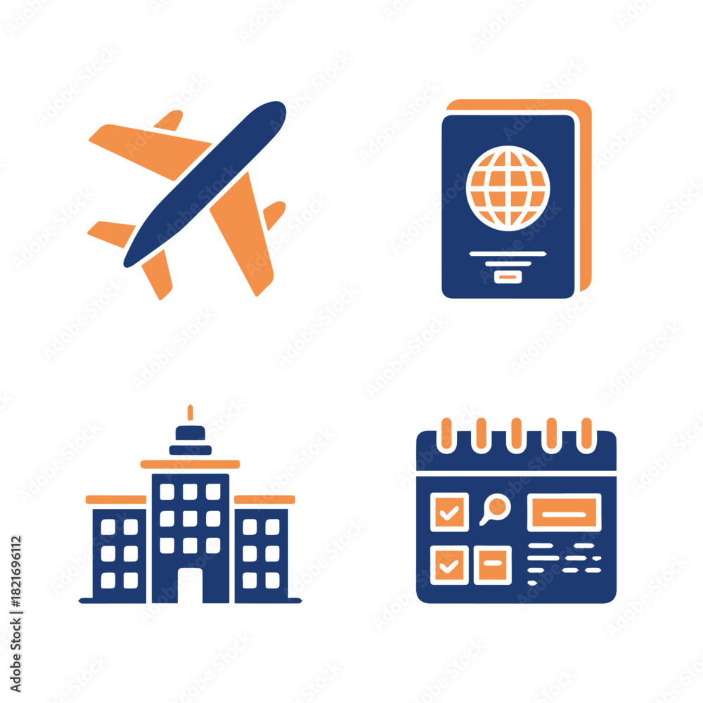 Obraz premium Airplane, School Building, Passport, and Calendar Schedule Icons.