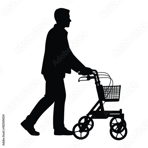Silhouette of a person walking with a walker and basket