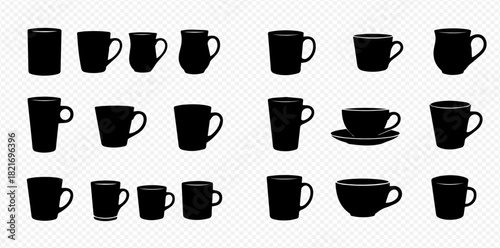 Collection of black silhouette coffee and tea cups and mugs of various shapes and sizes.
