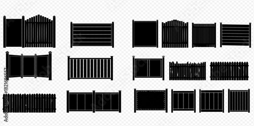 Collection of black silhouette fence and gate designs with various styles and patterns on a transparent background.