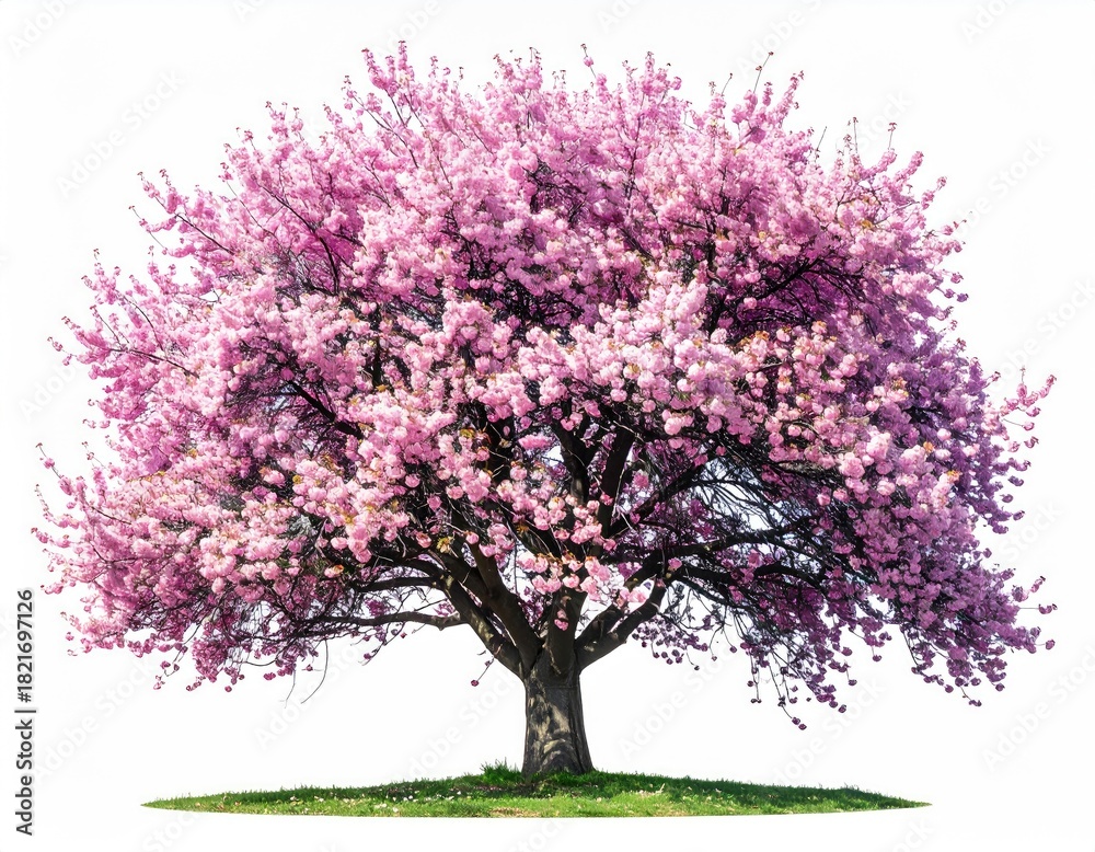 Fototapeta premium Pink-blossomed tree stands on grass