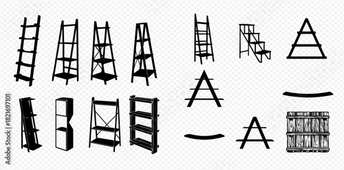 A collection of black silhouette illustrations featuring various types of ladders, shelves, and display stands.