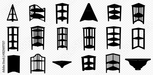 Set of various black silhouette icons depicting different types of shelving units, including corner shelves and display racks for home or office.