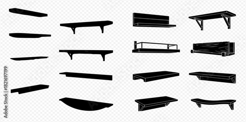 Collection of various wall shelves and floating shelves in black silhouette vector illustration on transparent background.