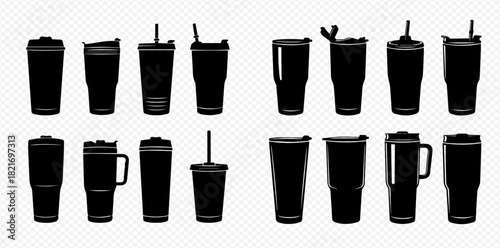 Collection of black silhouette insulated tumblers, travel mugs, and cups with lids and straws in various shapes and sizes, isolated on a transparent background.