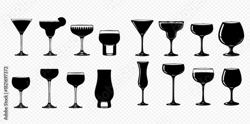 Collection of various black silhouette drinking glasses and cocktail glassware vector set.