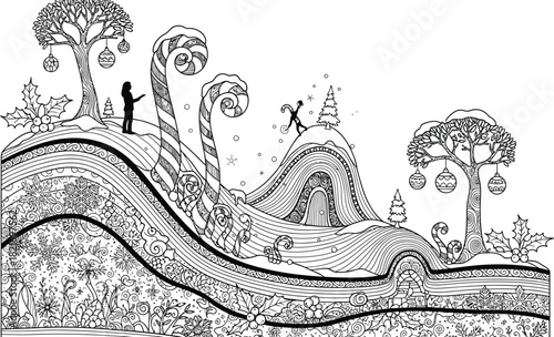 Whimsical winter wonderland, perfect coloring page for adults