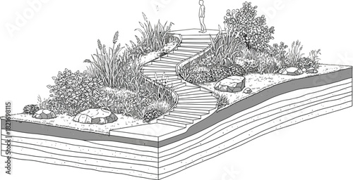 Person at the top of the stairs among plants and rocks