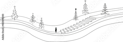 Woman walking on stairs toward Christmas trees on white