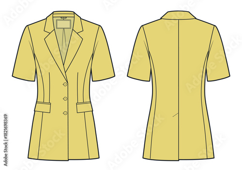 Yellow Short Sleeve Tailored Jacket Technical Fashion Illustration, front and back view, pockets, buttons, fitted, women CAD mockup.