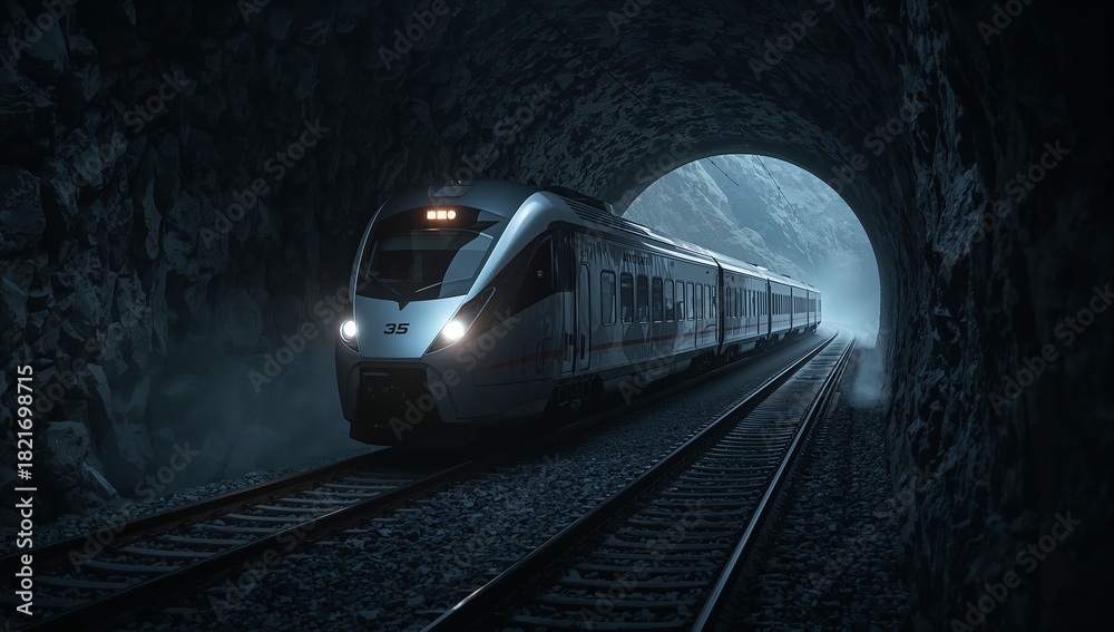 Naklejka premium Traveling passenger train 35 cutting through mountain tunnel, headlights lighting twin rails