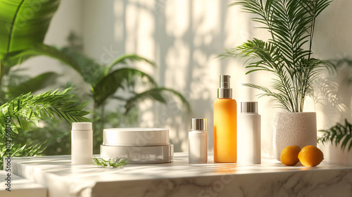A skincare routine focused on managing seborrheic dermatitis is displayed with various product bottles and containers, complemented by botanical elements, creating a fresh and clean presentation.