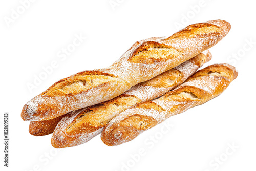 Freshly baked golden baguettes dusted with flour, isolated on transparent background