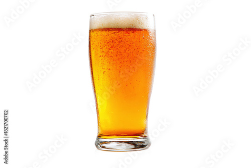 Refreshing glass of golden beer with frothy head, isolated on transparent background
